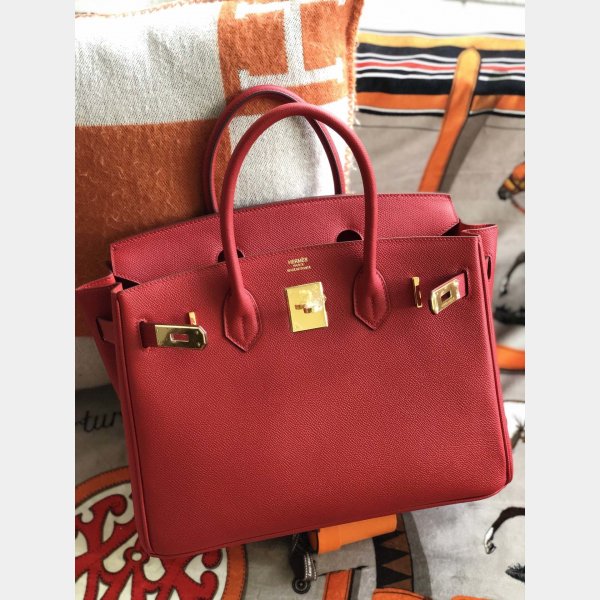 Hermes Birkin Epsom leather Handbags Red Golden