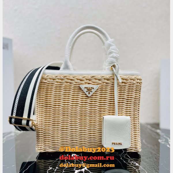 Top Quality Best prada Wicker and canvas tote bag