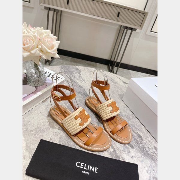 Top Quality Celine LYMPIA FLAT STRAP SANDAL in RAFFIA & CALFSKIN