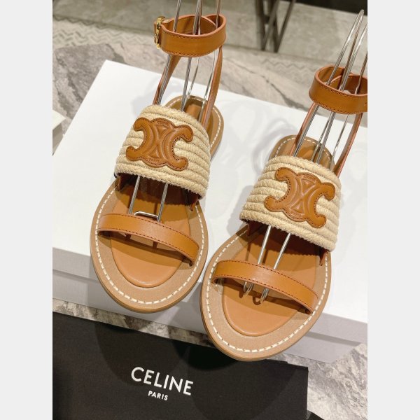 Top Quality Celine LYMPIA FLAT STRAP SANDAL in RAFFIA & CALFSKIN