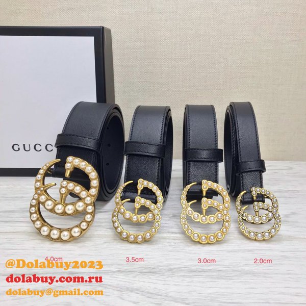 Gucci Replica Leather belt with pearl Buckle