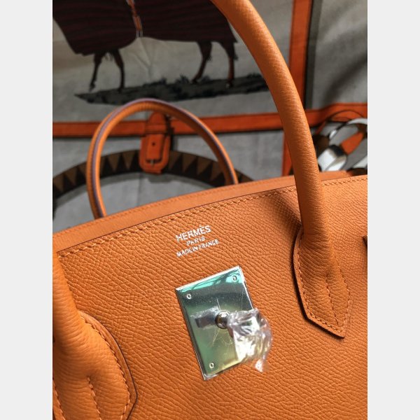 Hermes Birkin Epsom leather Handbags Orange Silver