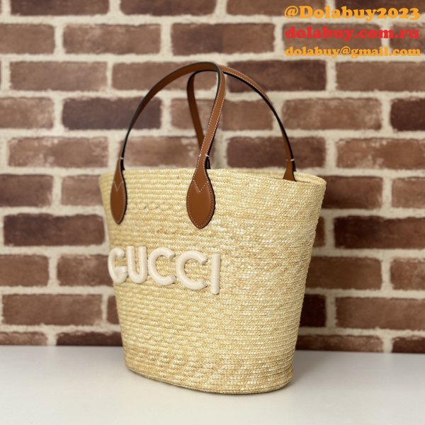 Fashion Medium Straw Tote With Gucci Patch 779530 Fake Bag