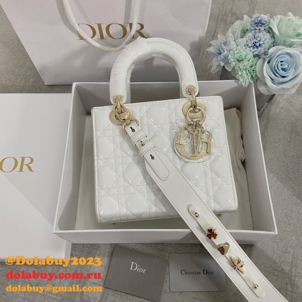 Best DIOR LADY Wholesale PATENT LEATHER HANDBAG 20cm white